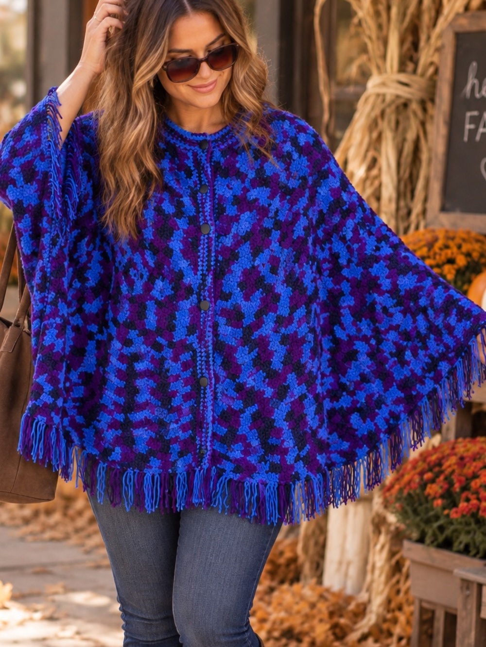 Vintage Handmade Knit Button Front Blanket Poncho